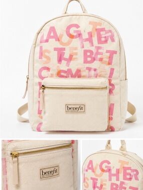 Benefit Cream Canvas Backpack with Pink and Orange Graphic